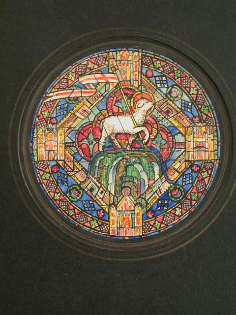 Design drawing for stained glass tondo window "The Lamb on Mount Zion and Four-Square City of New Jerusalem" showign lamb with and elaborate detailing including grape/leaf border and Jerusalem/architectural motif